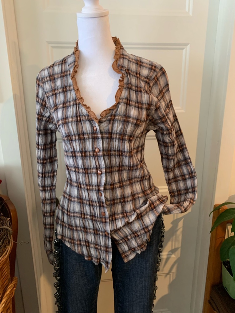 RIO SUD WOMEN's fitted Plaid Button-Up blouse in Brown & grey 100% cotton - Picture 4 of 6
